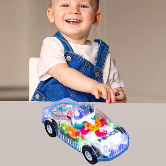 Light Up Toy Car with Universal Wheels Transparent Car Model with Colorful LED Lights Spinning Gears Music Mini Car Sensory Toys for Boys 3+