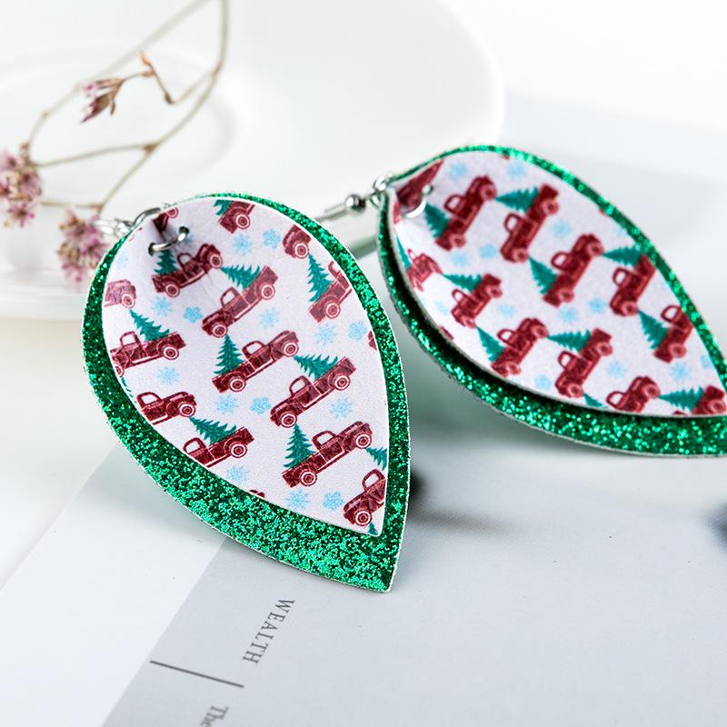 European & American Christmas Tree Red Car Sequin Leather Earrings - Holiday Style Leaf Design
