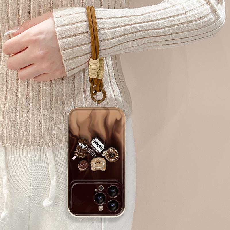 Schmudge Kaffee Puppe Lanyard Geeignet für Apple 15PRO Handyhülle 14 Weiches Silikon 13 Klappspiegel X Großes Fenster