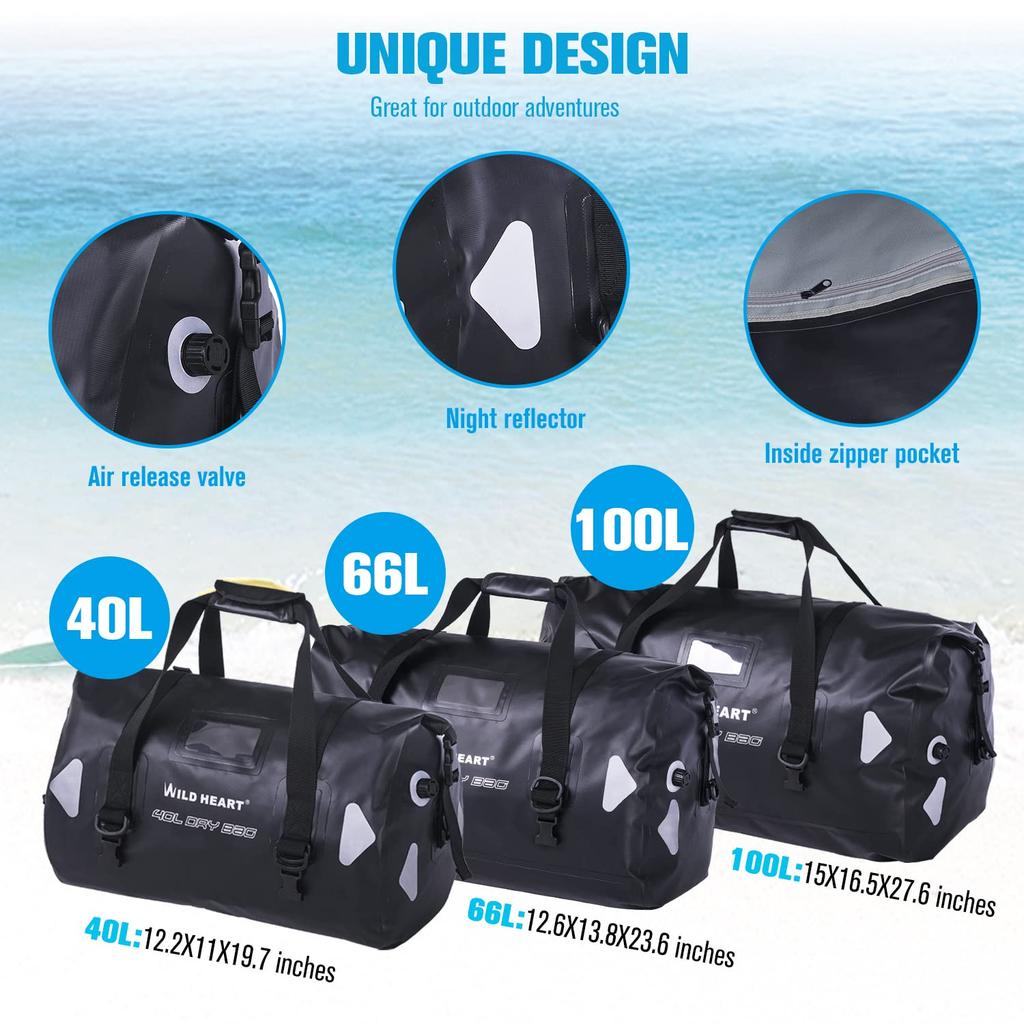WILD HEART Waterproof Duffel 100L with Welded Seam Shoulder Straps and Binding for Motorcycle Drum Touring Seat and Outdoor Use Bag, 40L, 66L,