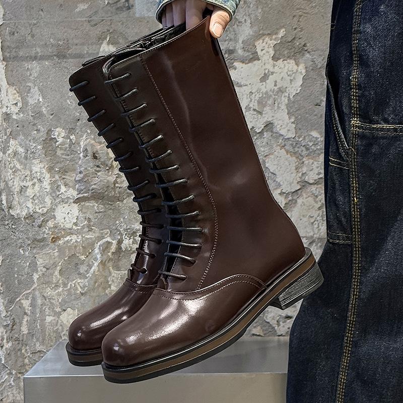 Men Fashion Stage Nigthclub High Knight Boots Lace-up Original Leather Shoes Cowboy Platform Boot Cool Long Motorcycle Botas Man