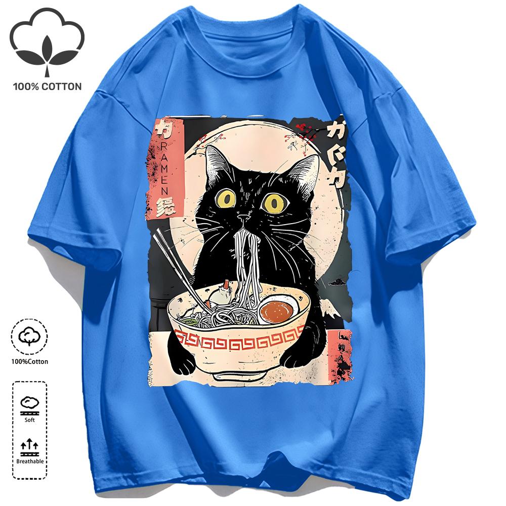 Cat Likes To Eat Noodles And Daydream Design Unisex Retro T-Shirt Casual Cotton Sportwear Loose Hip Hop Clothing Unisex O-Neck Tee