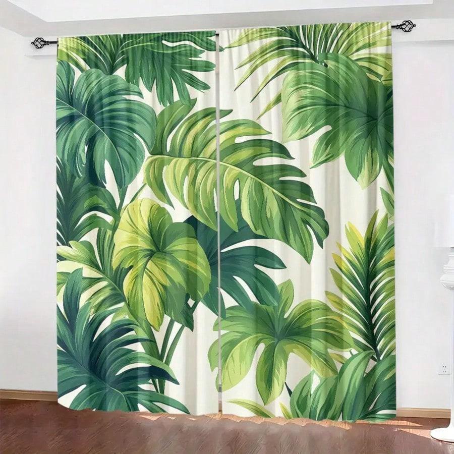 Set Of 2 Polyester High Definition Digital Printed Green Leaves Pattern Curtains Suitable Bedroom Living Room Office Curtain Sheer For Sitting Made
