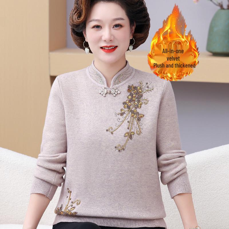 Mom's Chinese Embroidered Top: Fashionable Plus Velvet Sweater for Middle-Aged & Elderly Women, Autumn/Winter Base Layer