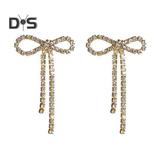 

1 пара женских сережек-гвоздиков, серьги-бантики со стразами, длинные серьги-бантики с кисточками, ювелирные аксессуары золотистый
