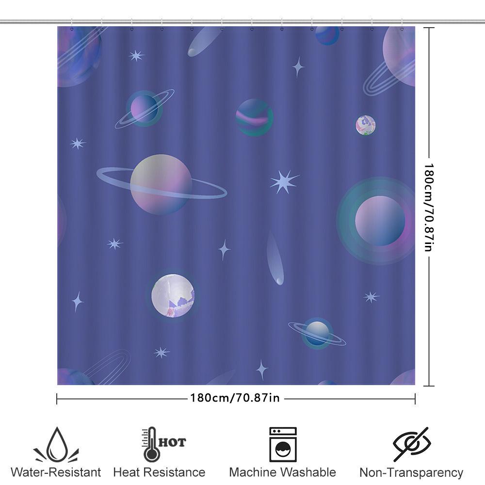 Space-Themed Shower Curtain With Rings And Planets Lavender Color For Bathroom Decoration!