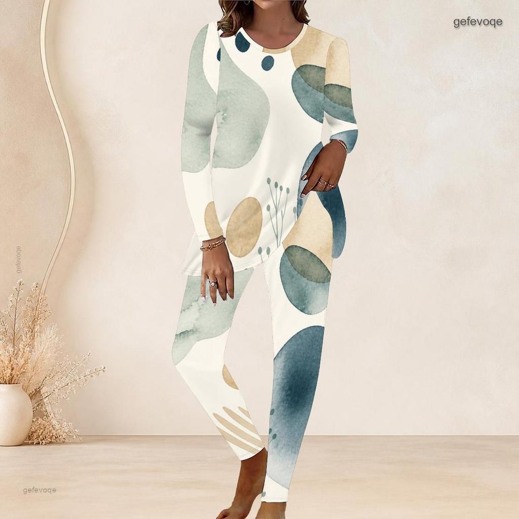Women Plus Size Round Neck Long Sleeve Printed Longline Top And Fitted Pants Two Piece Set