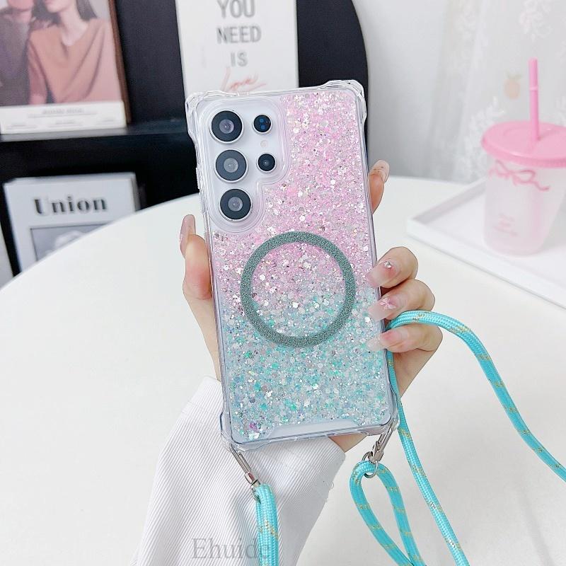 

Glitter Case For Samsung Galaxy S25 Ultra S24 FE S23 Plus S22 A56 A36 A16 Magnetic Lanyard Four Corners Shockproof Strap Cover S24