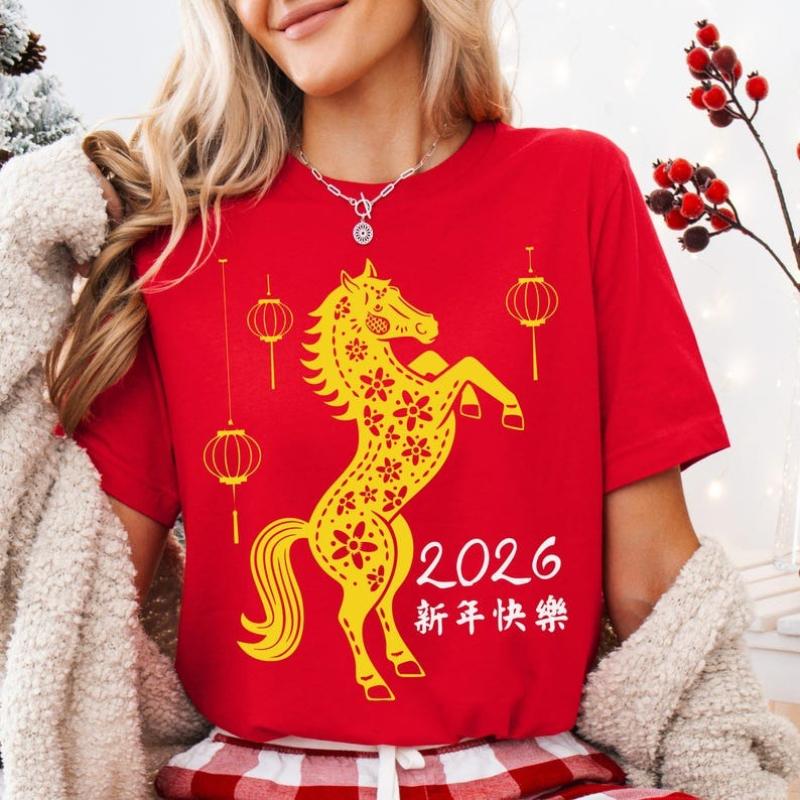 Chinese New Year Unique Happy Horse 2026 Lunar Unisex Tees Gift Family Holiday Fashion Allmatch Adult Printed  Cotton Tshirt