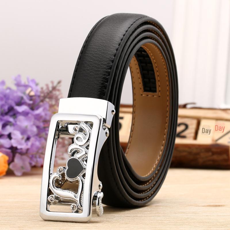 Women's Casual Double-Sided Lychee Pattern Leather Belt with Automatic Buckle