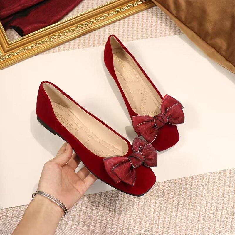2025 Spring Summer Shoes Women Flats Soft Elegant Woman Boat Shoes Flat Bowknot Single Red Plus Size 42 D307