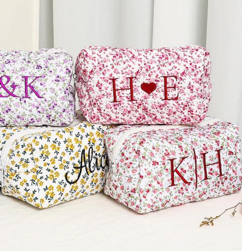 Personalized Flower Makeup Bag for Bridesmaid, Custom Embroidered Name Cosmetic Bag, Birthday Gift for Girl, Christmas Gift