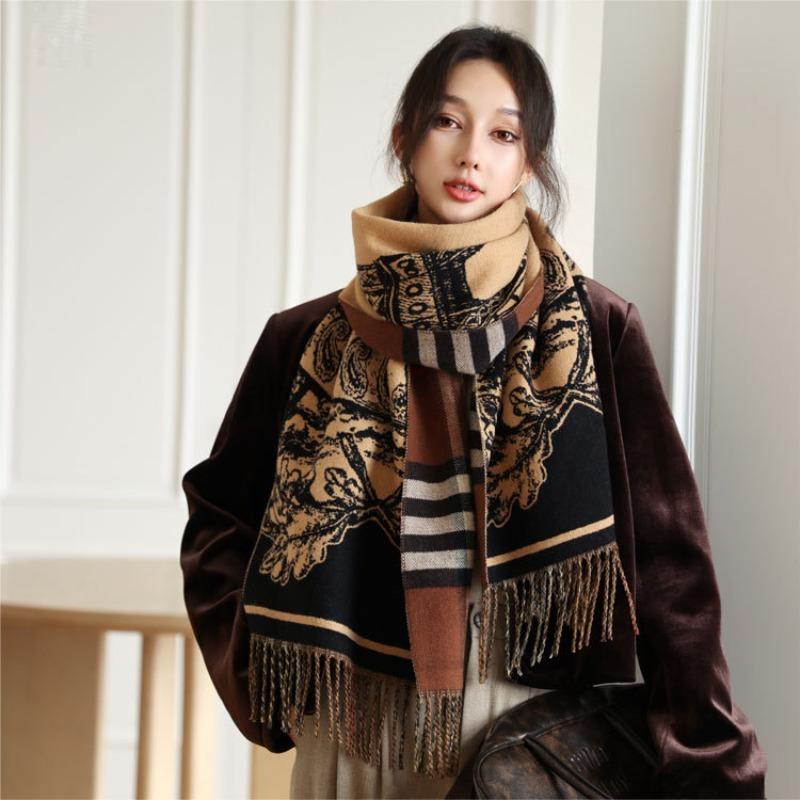 

Retro plaid double-sided core-spun yarn scarf women s autumn and winter new classic cashew flower shawl thickened warm scarf 200cm
