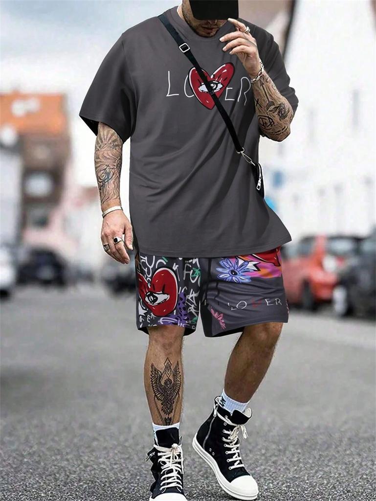 Men's Summer Two-piece Sports Style Love Printed T-shirt Casual Outdoor Short-sleeved Drawstring Fun Shorts Men's Summer Wear