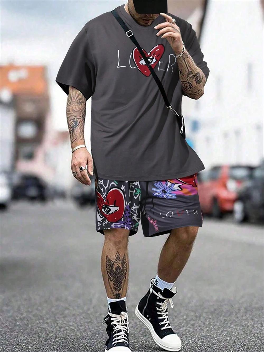 

Мужская летняя футболка из двух частей в спортивном стиле с принтом «Любовь», повседневные шорты для активного отдыха с короткими рукавами и завязками, мужская летняя одежда 6XL