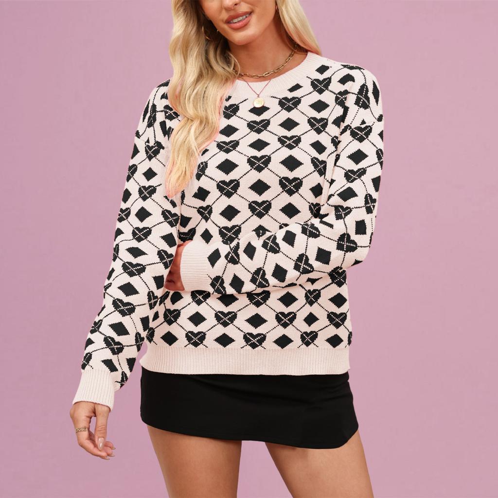 Damen Modischer Rundhals Langarm Pullover in Herzform, Kontrastfarbiger Pullover, Pullover-Top