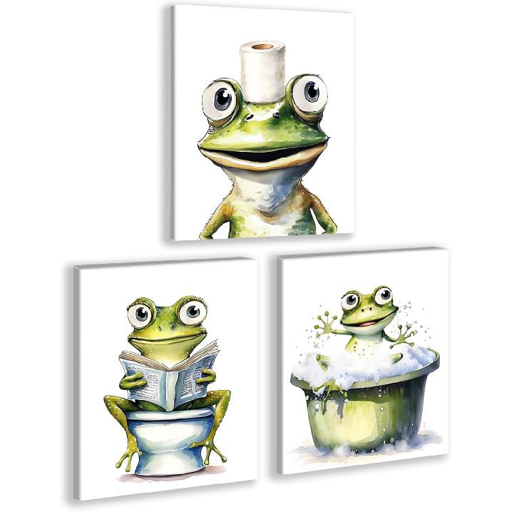 GMLXCX Funny Frog Bathroom Decor Wall Art, Cute Frog Sitting on Toilet Decor Art Poster, Funny Bathroom Sign Canvas Print Set of 3 (8''x10'',