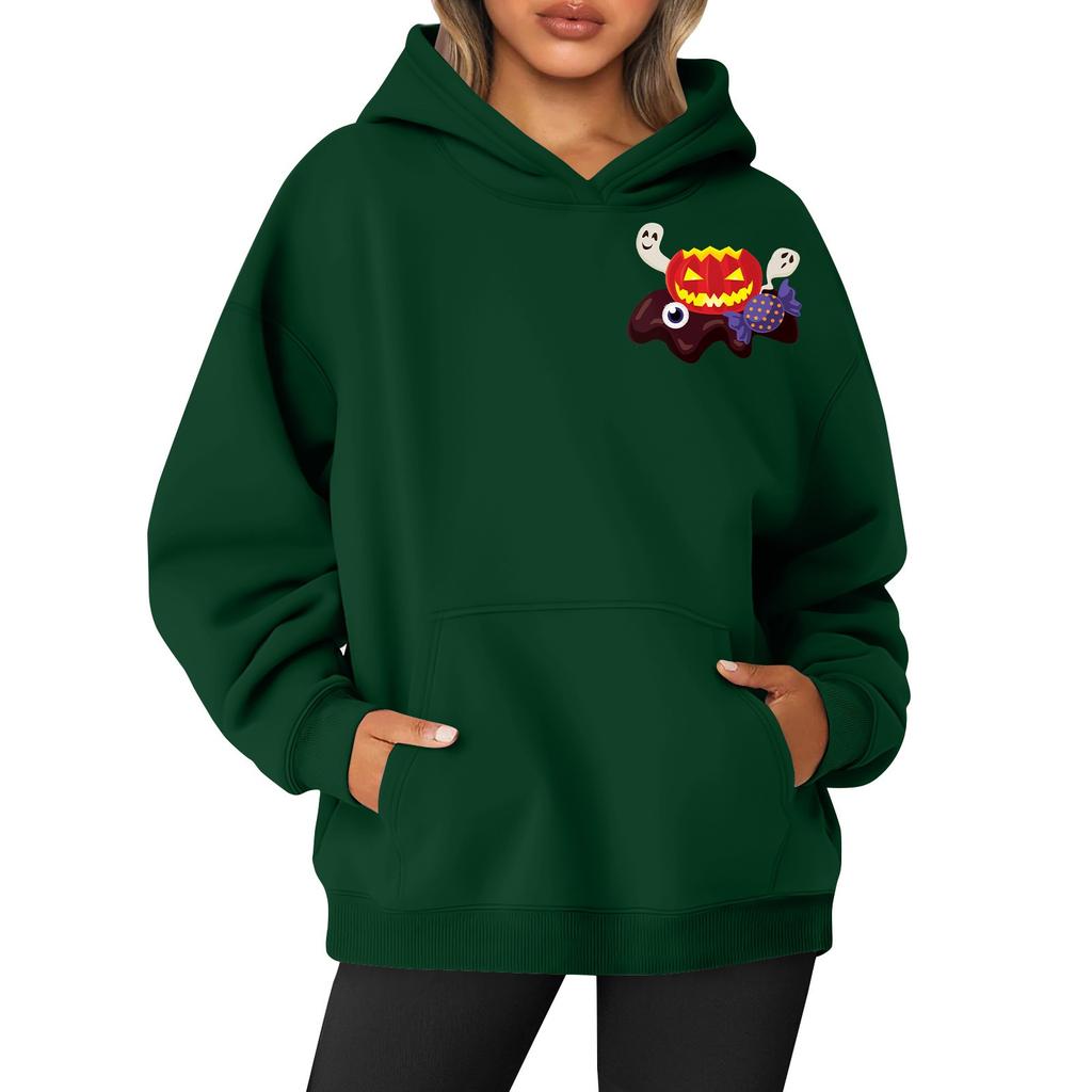 Women's Round Neck Long Sleeve Halloween Print Top Hooded Sweatshirt