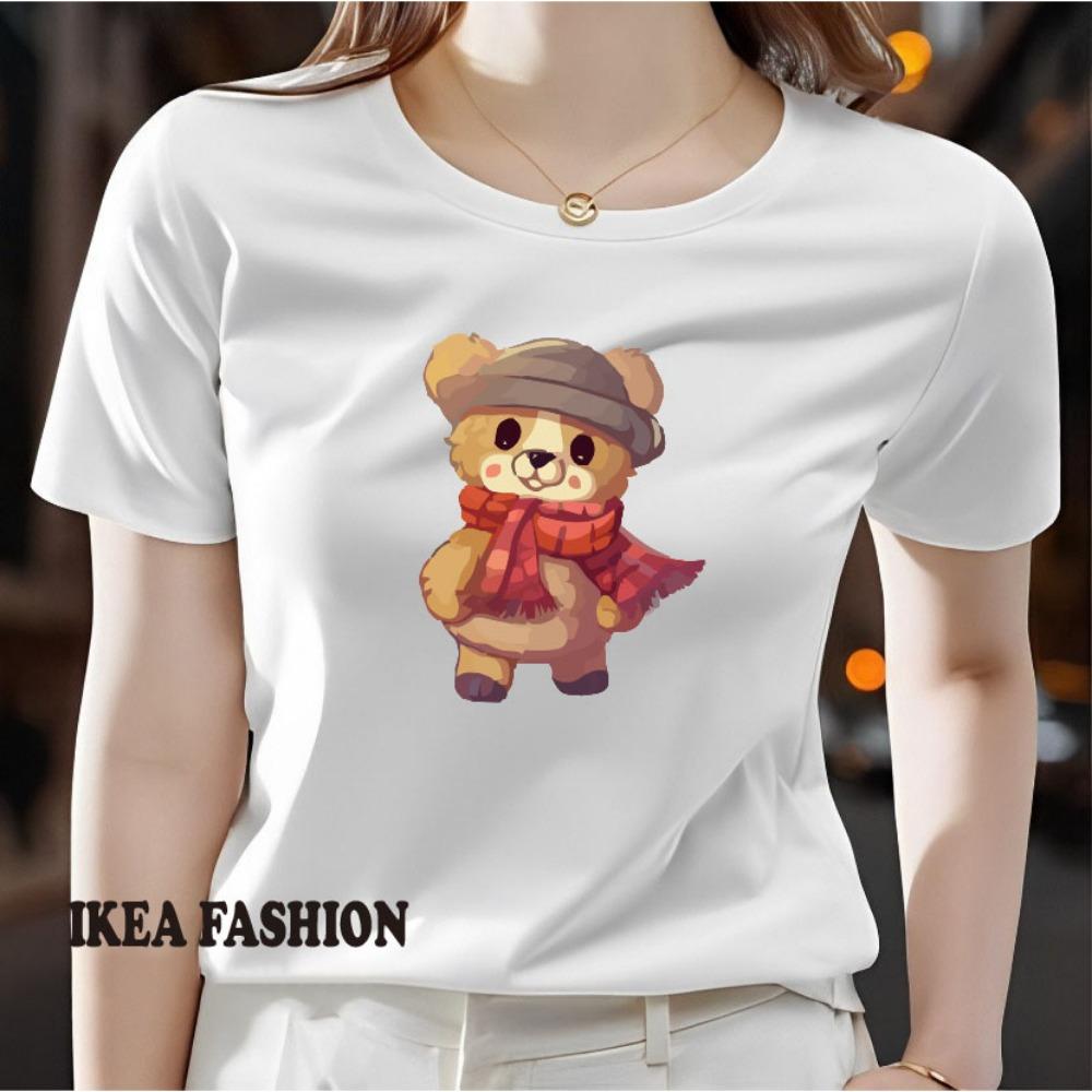 Ladies' casual short sleeved round neck T-shirt - cute cartoon bear pattern printed fashionable