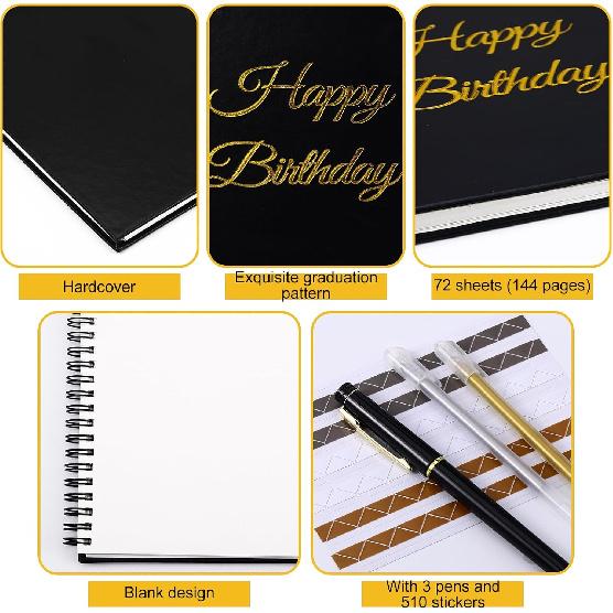 Birthday Guestbook with Pens Stickers Happy Birthday Signature Book 8.3 X 6.5 Inch Black Gold Birthday Guestbook for Birthday Photobooth Photo Strips