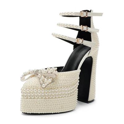 Fashion Pearl Platform Sandals Women Open Toe Ankle Strap Butterfly-knot Lolita Block High Heels Sandals Lady Wedding Party Classy Shoes