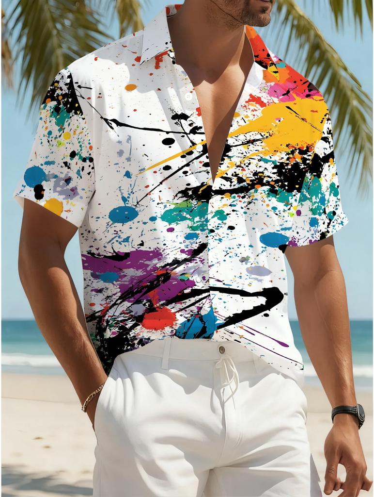 Hawaiianisches Hemd mit Spritzfarben-Graffiti-Print, Lässiges Herren-Kurzarmhemd mit Knöpfen, Geeignet für Sommer-Strandresorts