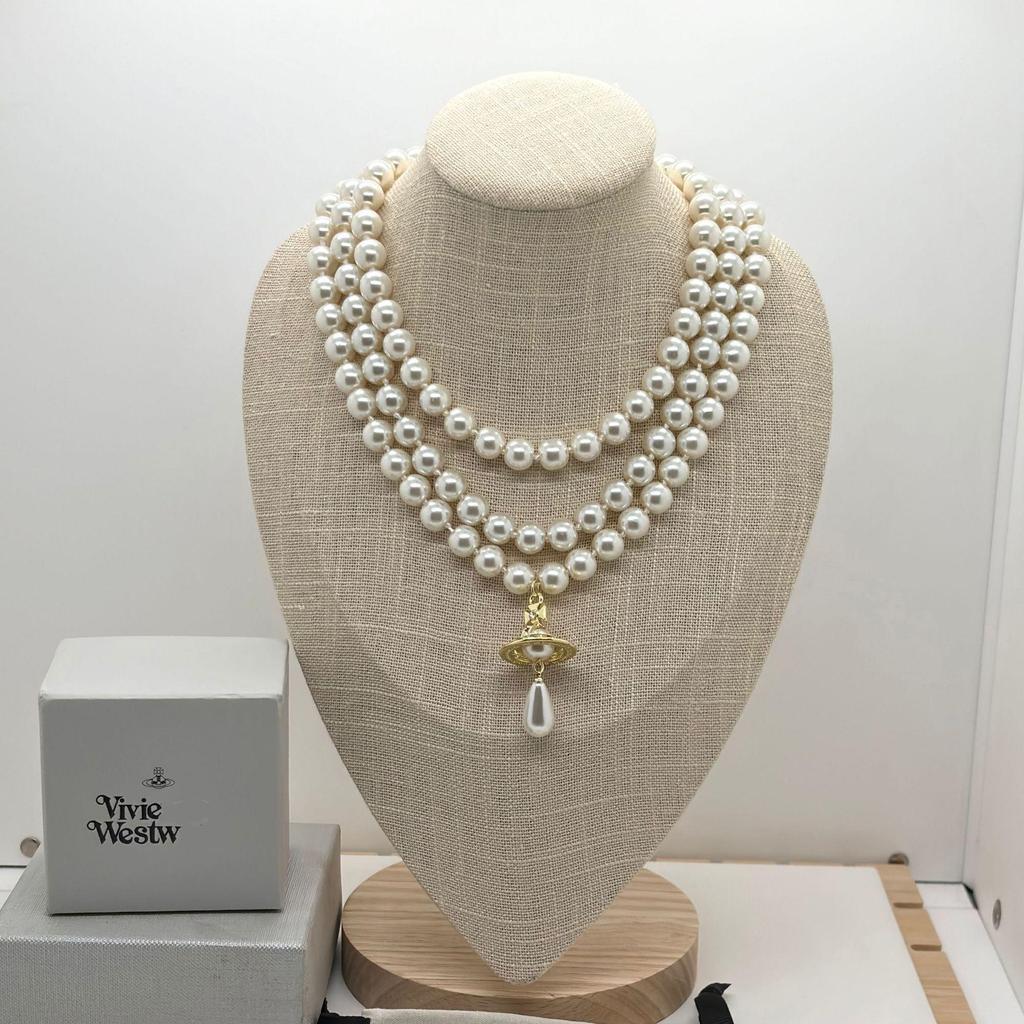 Vivienne High-End Three-Layer Pearl & Diamond Saturn Necklace for Women