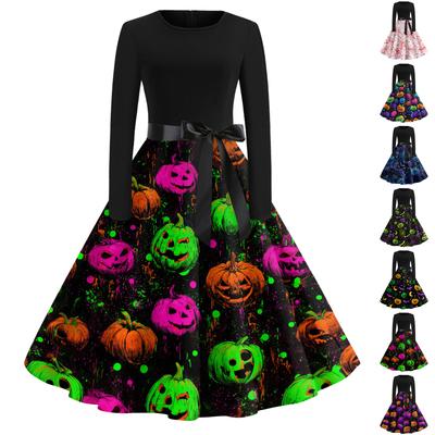 Women's Vintage Long Sleeve Round Neck Halloween Print Party Dress Retro Style Full Skirt with Waist Tie Elegant Evening Dress
