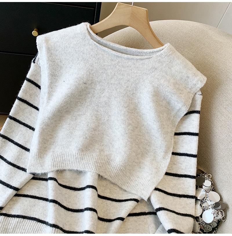 2025 Autumn Women's Korean Style Striped Jacket & Long Sleeve Sweater Two-Piece Set