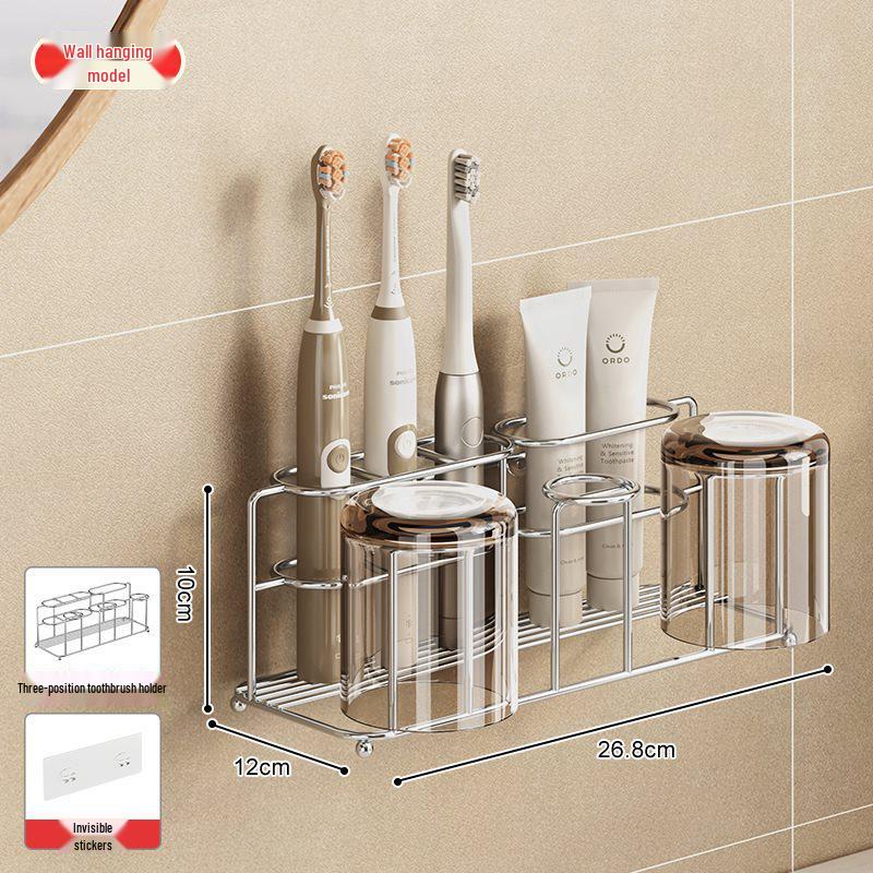 Nástěnný nerezový držák na zubní kartáčky s kelímkem na vyplachování a poličkou