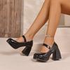 Fashion Patent Leather Heels Autumn New Round Toe Metal One Strap Platform Non-Slip Wear-Resistant Square Heel Single Shoes
