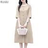ZANZEA Women Casual Round Neck Solid Color 3/4 Sleeve Loose Dress