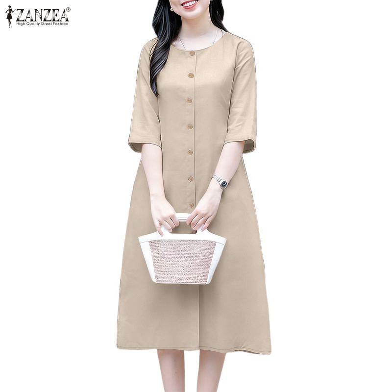 ZANZEA Women Casual Round Neck Solid Color 3/4 Sleeve Loose Dress