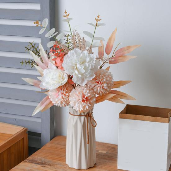 Fake Peonies Artificial Flower Bouquet Realistic Peony Chrysanthemum with Eucalyptus Leaves Faux Silk Floral Arrangement for Wedding Bouquets Baby