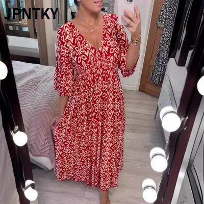 JPNTKY Módní letní jarní šaty s 3/4 rukávem a výstřihem do V