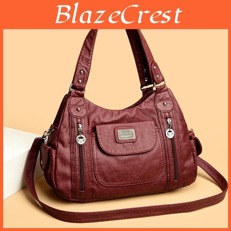 Pu Large Capacity Leather Soft Tote Bag For Women Retro Daily Messenger Shoulder Handbag