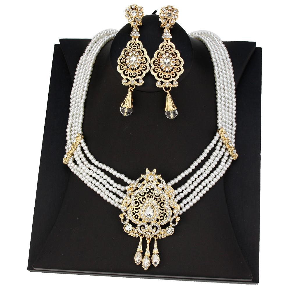 Gold Farbe Perlen Kette Halsband Halskette Kristall Braut Schmuck Set Tropfen Ohrring Frauen Hochzeit Bijoux