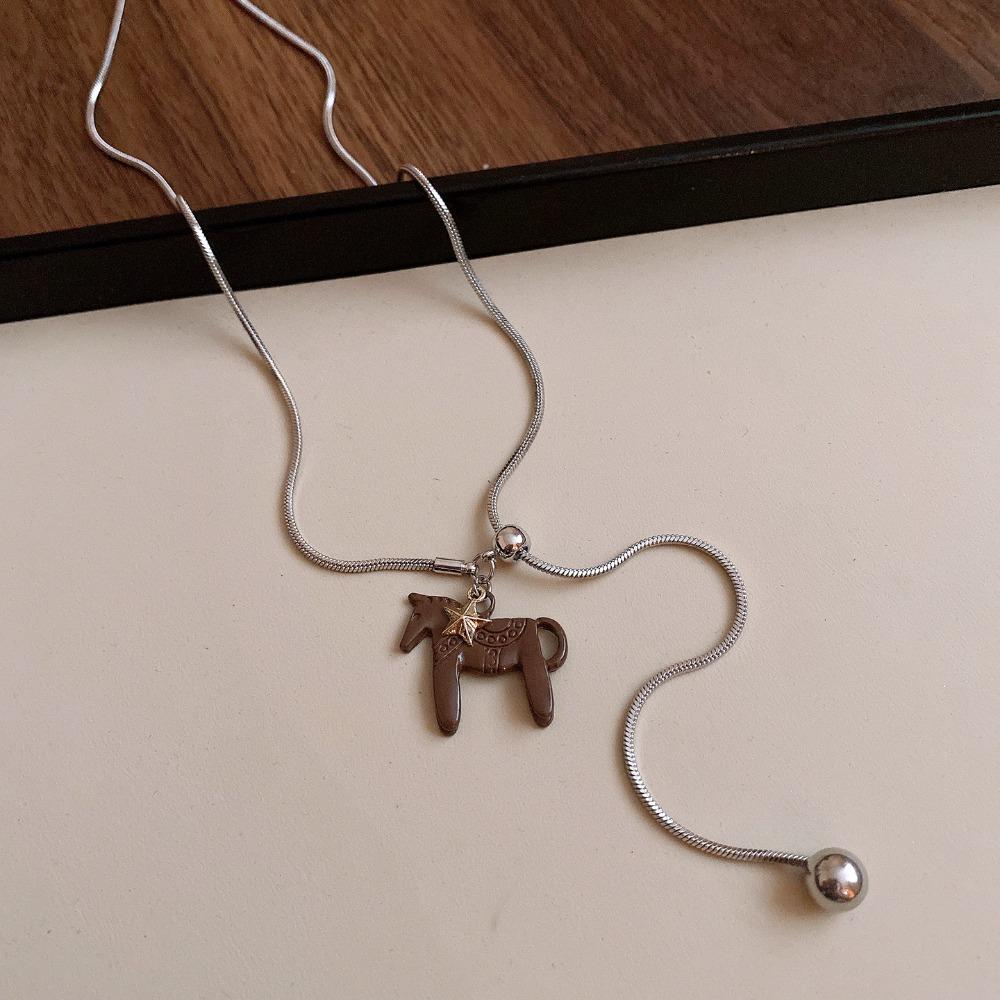 Long Horse Pendant Necklace Silver Plated Y Neck Chain Vintage Enamel Pendant Necklace  for Women