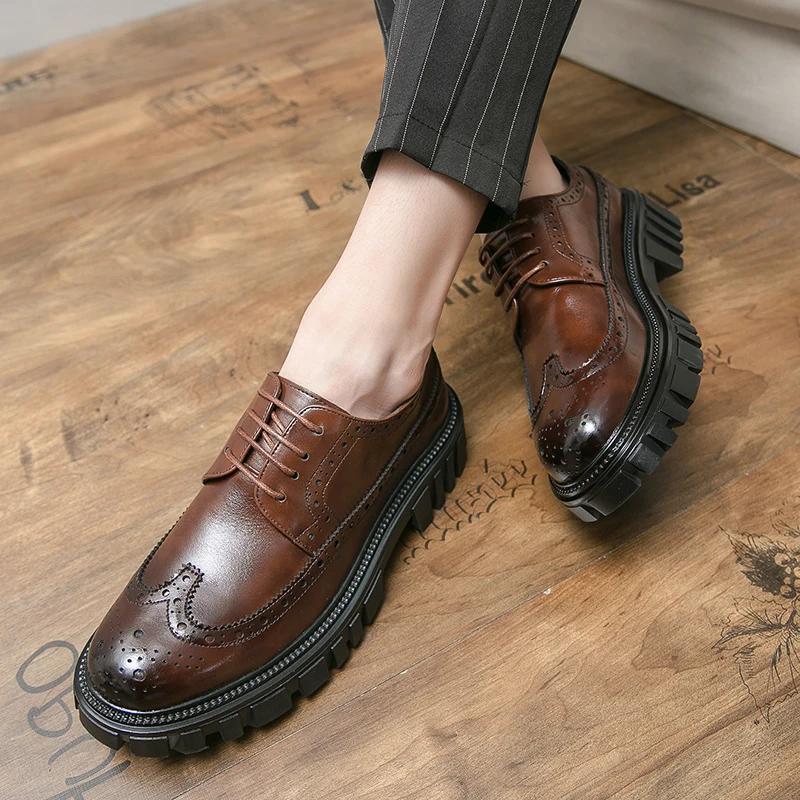 Fashion Spring Men Formal Business Thick Soled Lace-up Oxford Shoes Luxury Men's Dress Shoes Male Casual Leather Wedding Party Loafers