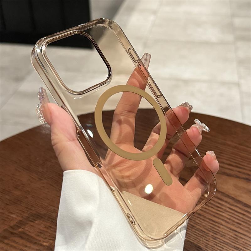 Luxury Gold Magsafe Transparent Case For iPhone 11 12 13 14 15 16 Pro Max Plus Magnetic Wireless Charge Shockproof PC Hard Cover