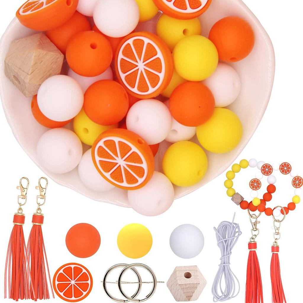 Keychain Lemon Silicone Bead Keyring Key Chain 15mm Silicone Bead Tassel Set for Decoration