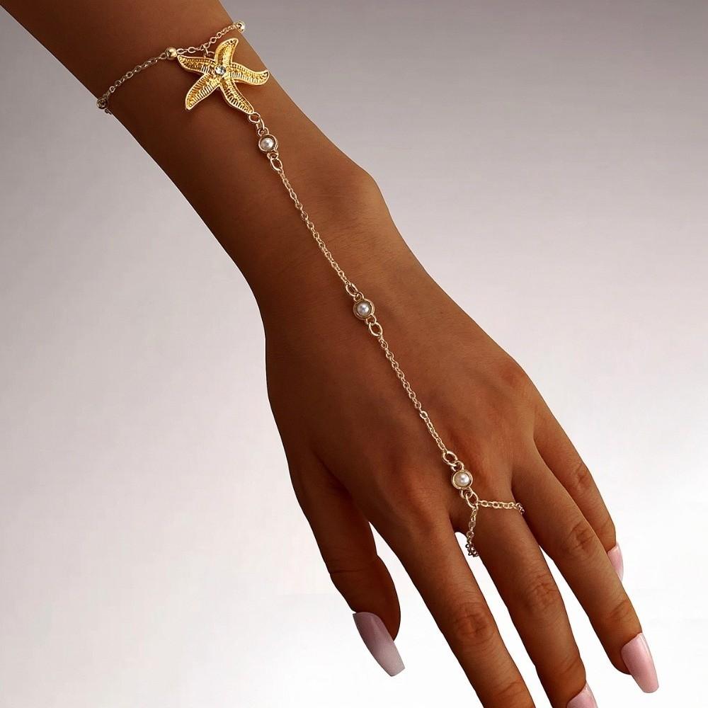 Gold Color Chain Ring Bracelet Starfish Flower Pearl Bracelet Finger Bracelet Jewelry Accessories