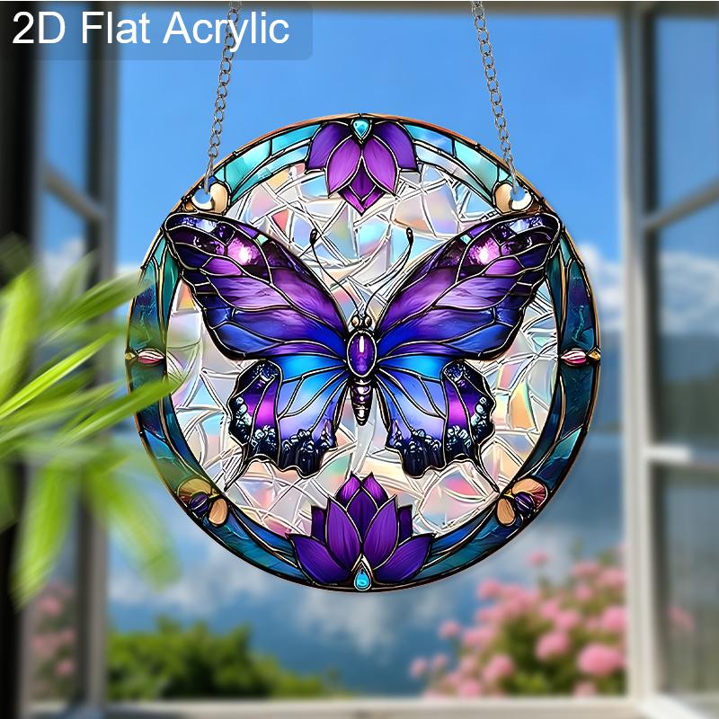 Acrylic Purple Butterfly with Floral Suncatcher, Stained Glass Style Window Hanging for Nature and Butterfly Lovers