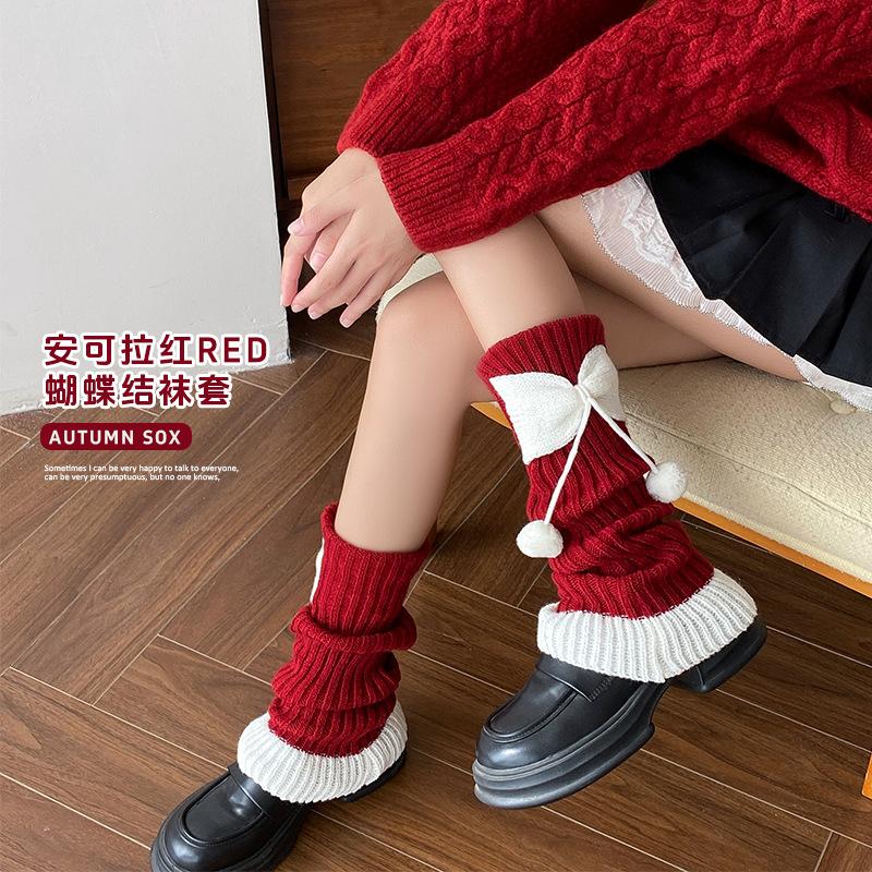 Lolita Socks Bow Lace Hairball Ancola Red Thickened Warm New Year Christmas Pile