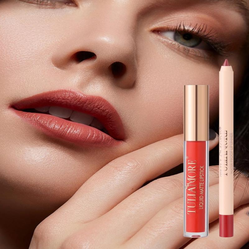 Dimshow Liquid Lip Gloss Lipliner Pencil Combination Durable Easy Makeup Matte Lipstick Velvet Lipliner Don'T Take Off Makeup