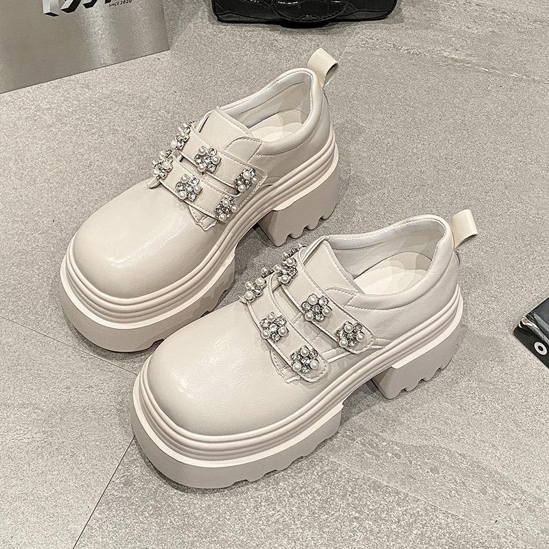 2025 Spring and Autumn New Korean Version of Small Leather Shoes Fashionable Versatile Rhinestone Flower Platform Super High Heel Single Shoes Wom