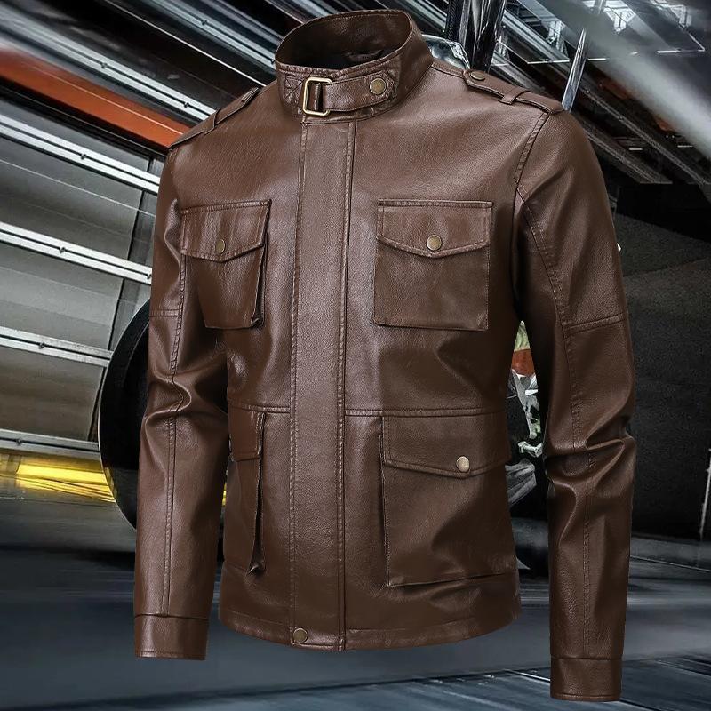 Men's Leather Jacket, Autumn Casual Stand Up Collar Pu Leather Jacket