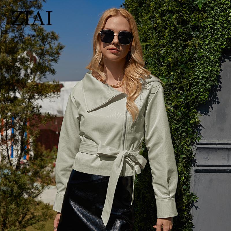 ziai New Women's Coat Spring 2022 Casual Short Casual Women Jacket Fashion Motorcycle PU Jackets Belt Zipper Outwear ZS-8T417