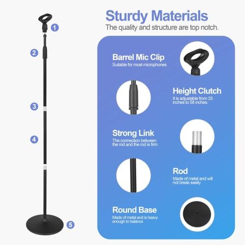 OUKMIC Adjustable Karaoke Microphone Stand, Universal Floor-Standing Detachable Microphone Stand with Weighted Round Base, Cable Clip, Barrel Mic Clip