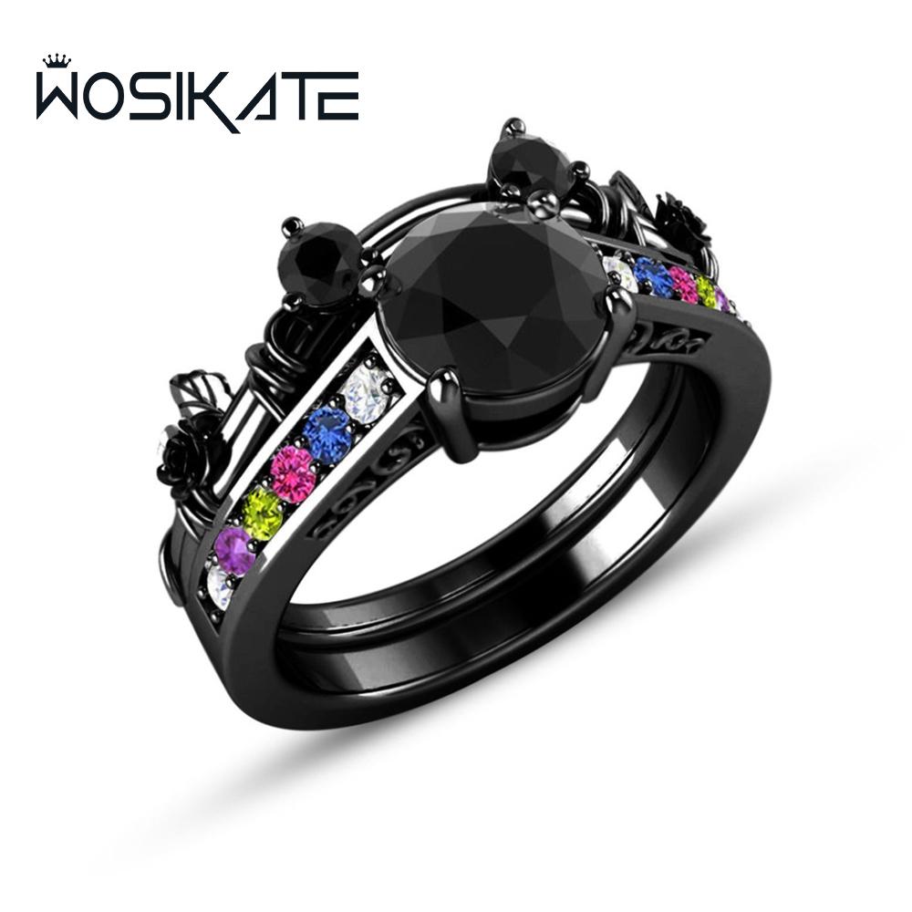 WOSIKATE Creative Inlaid Coloured Zirconia Black Gold Ring For Women Colourful Gemstone Rose Flower Ring Sets Fashion Jewelry